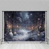Aperturee - Aperturee Snowy Winter Night Photography Backdrop with Snowmen Magical Forest with Lanterns Christmas Photo Background